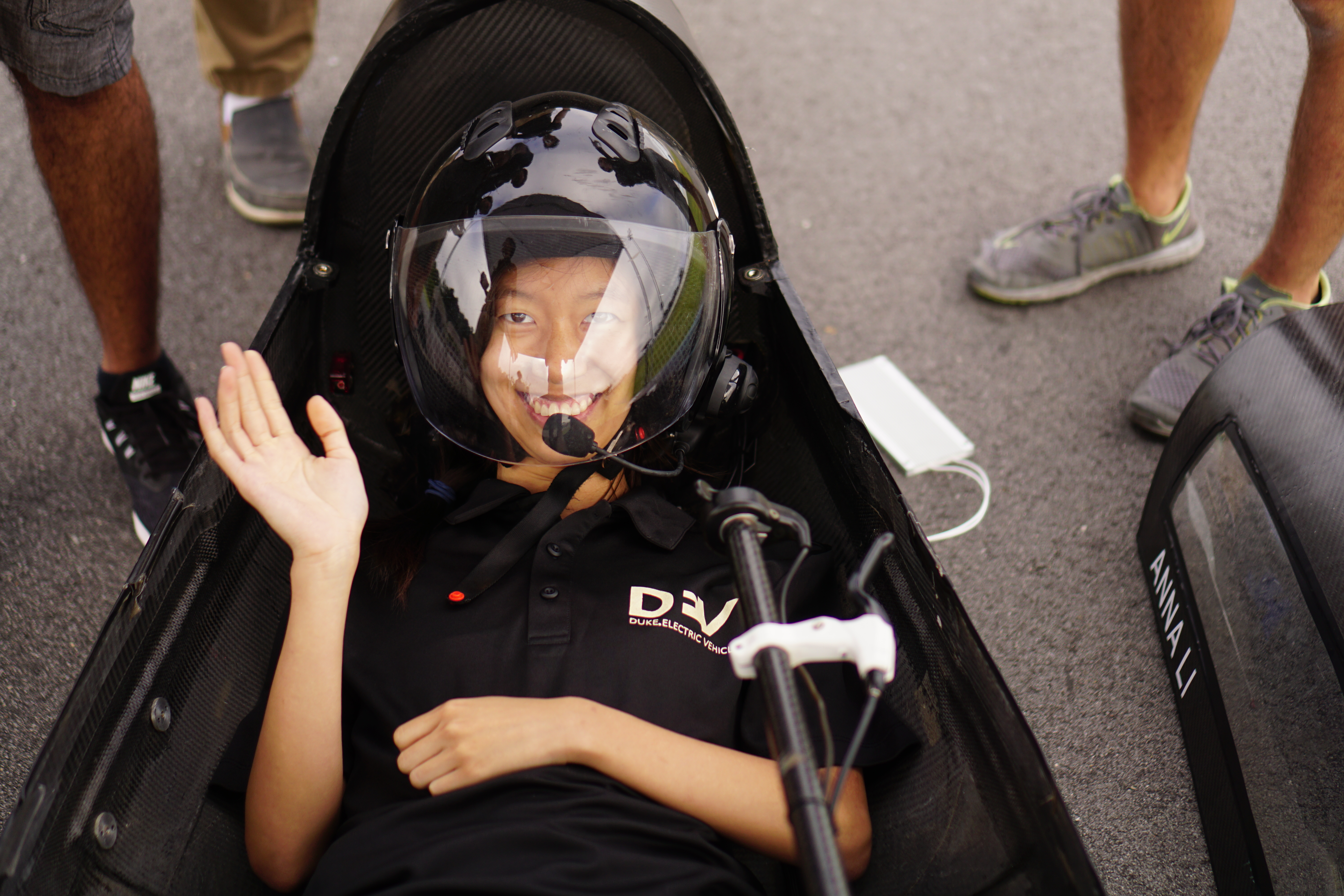 Student in the driver's seat in the Duke Electric Vehicles team's record-breaking car