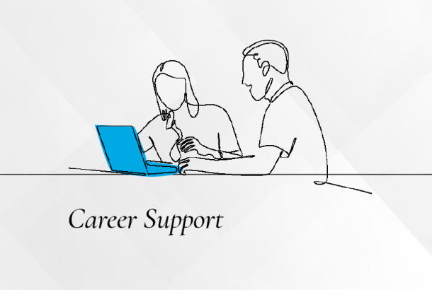 Illustration of two people working together on a laptop. Text under them says "career support."