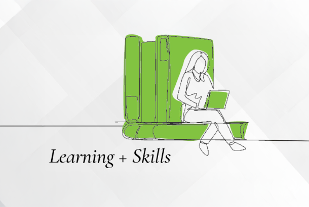 Illustration of a woman sitting on books working on a laptop. Text under her says "learning and skills."