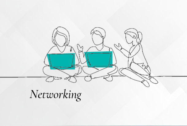 Illustration of three people, two on laptops, one talking to them. Text under them says "networking."