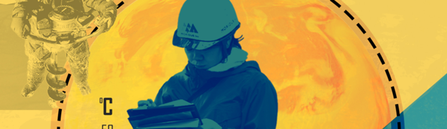 Worker writing on a clipboard, placed in front of a graphic of a vat of lava