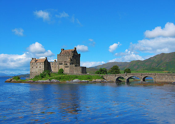 View of Eilean Donan Castle surrounded by water