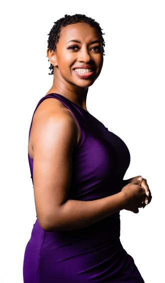 A professional photo of Laurinda in a purple dress with a white background.