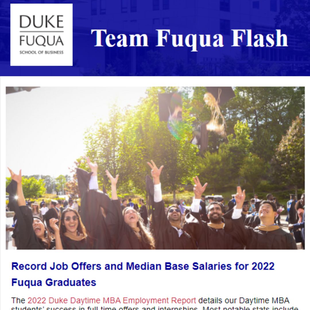 A screenshot of the top portion of the newsletter, which includes a large photo of a Fuqua graduation where graduates are throwing their caps up in the air