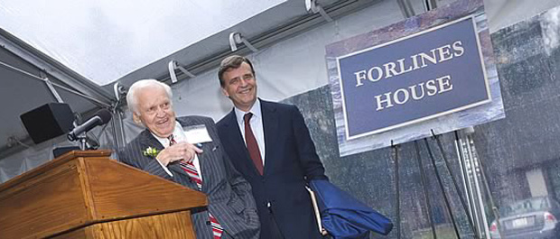 Full circle: At naming of Alumni House in his honor, Forlines, above left, with trustee Steel, traced Duke connections from childhood through undergraduate study to enduring family legacy. Megan Morr