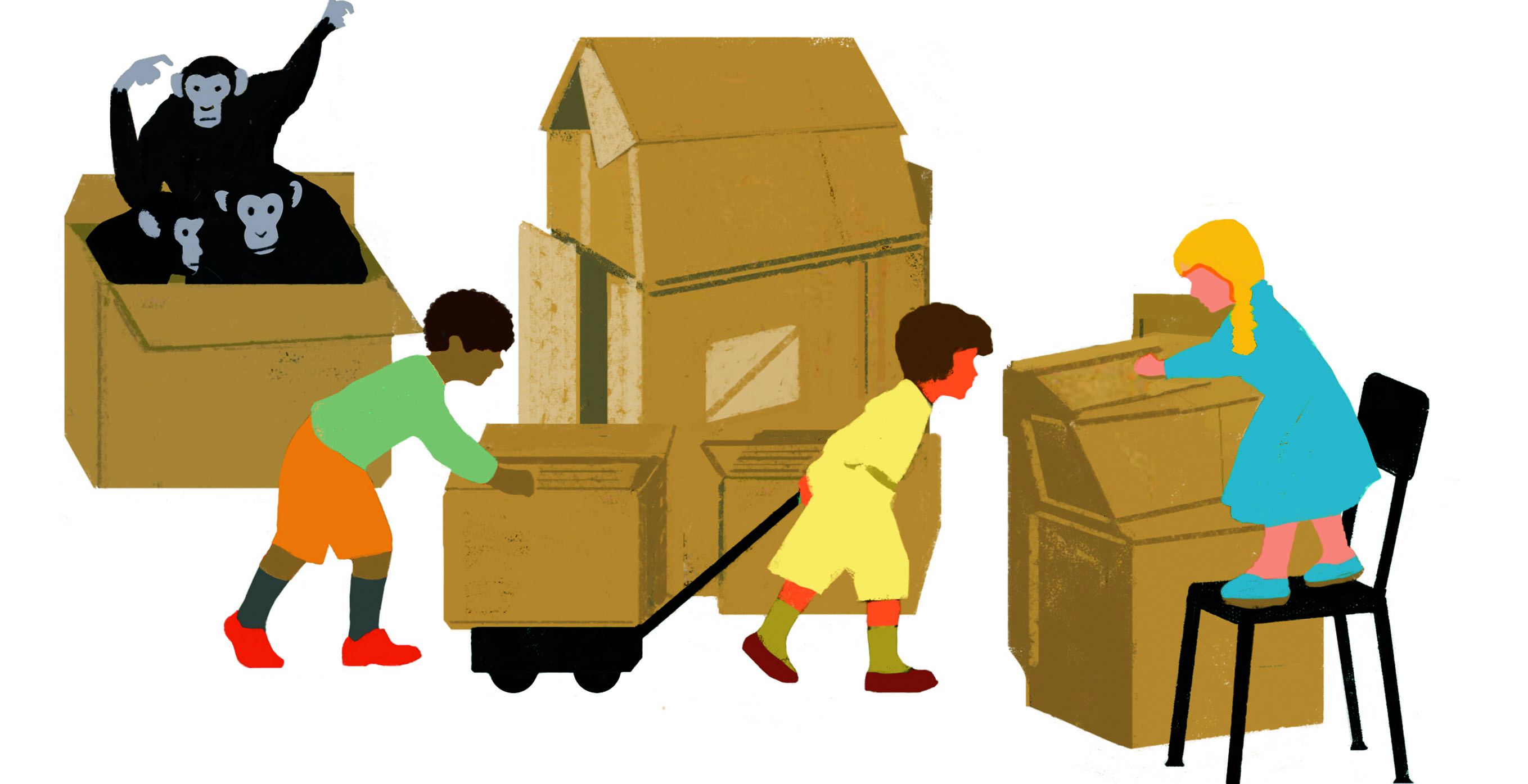 Image of children building a house of cardboard while monkeys place in box