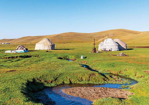 grasslands with housing and a windy creek running through the middle.