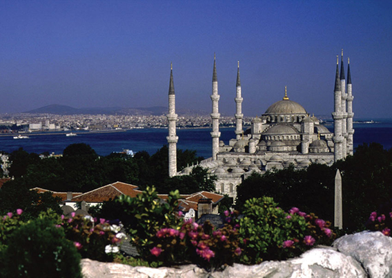 The Turkey Blue Mosque building against a blue sky