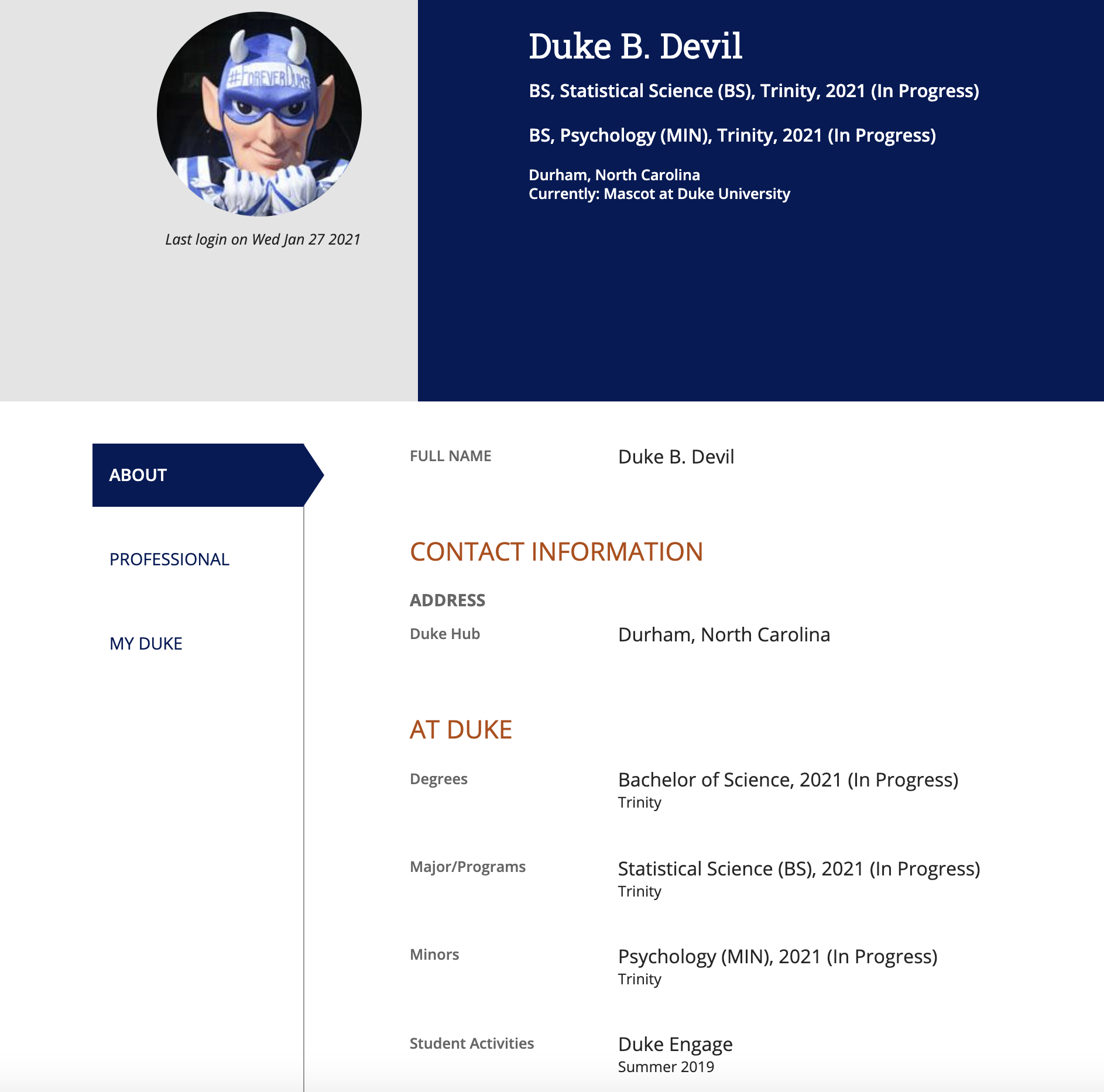 Screenshot of a Duke B. Devil profile example.